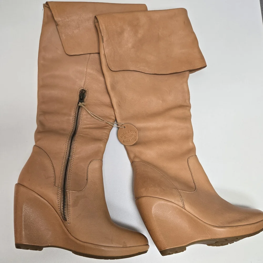 Tan Wedge Knee-High Leather  Boots